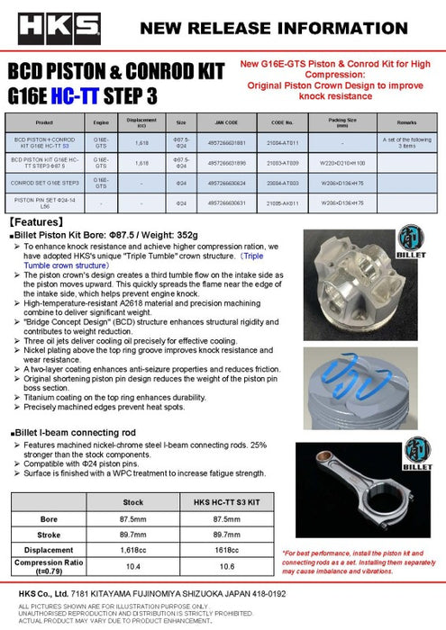 HKS BCD PISTON + CONROD KIT G16E HC-TT S3