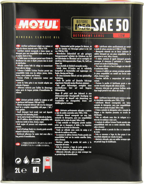 Motul CLASSIC SAE 50 (Before 1950) Mineral Low-Detergent Classic Oil – 2L Iron Can (104510)
