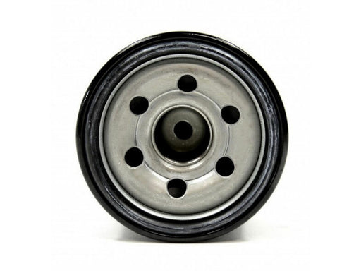 oil filter with black rim and silver center on a white background
