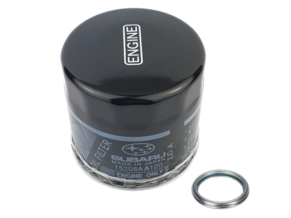 Subaru engine oil filter with a metal ring on a white background