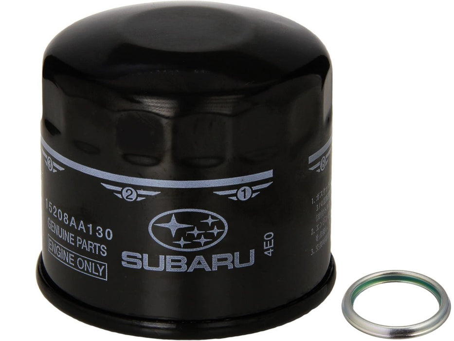 Black Subaru oil filter with a metal gasket on a white background
