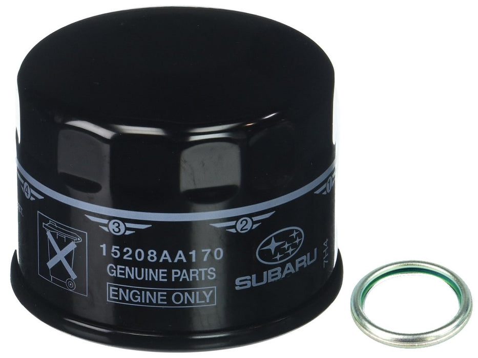 A genuine OEM Subaru oil filter with a gasket, predominantly black in color, with Subaru branding and part number visible