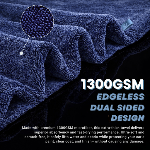 Blue towel with 1300GSM text and close-up of texture on a black background