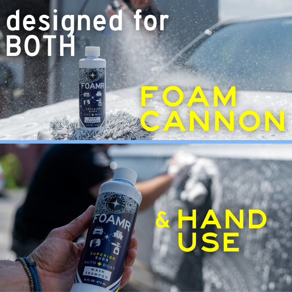 Car wash product with text 'designed for BOTH FOAM CANNON & HAND USE' and images of a foam cannon and hand holding the product.