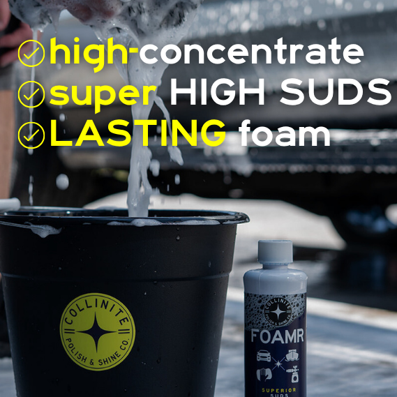 Foam being poured into a black container with Collinite logo, next to a bottle labeled 'FOAMR'.