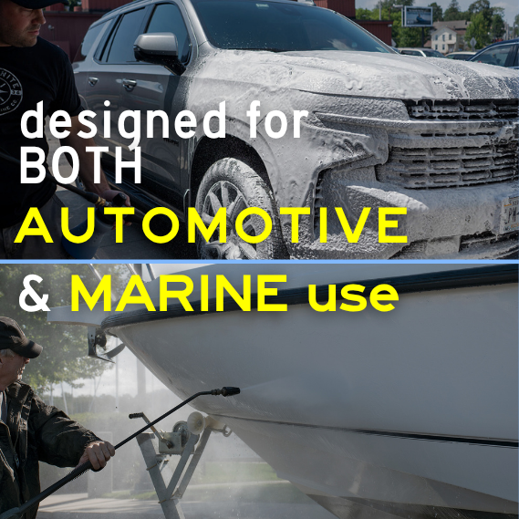 Person washing a car and a boat with text 'designed for BOTH AUTOMOTIVE & MARINE use'.