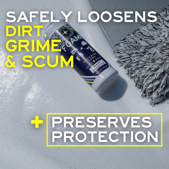 Foam cannon with text about loosening dirt, grime, and scum and preserving protection on a gray background.