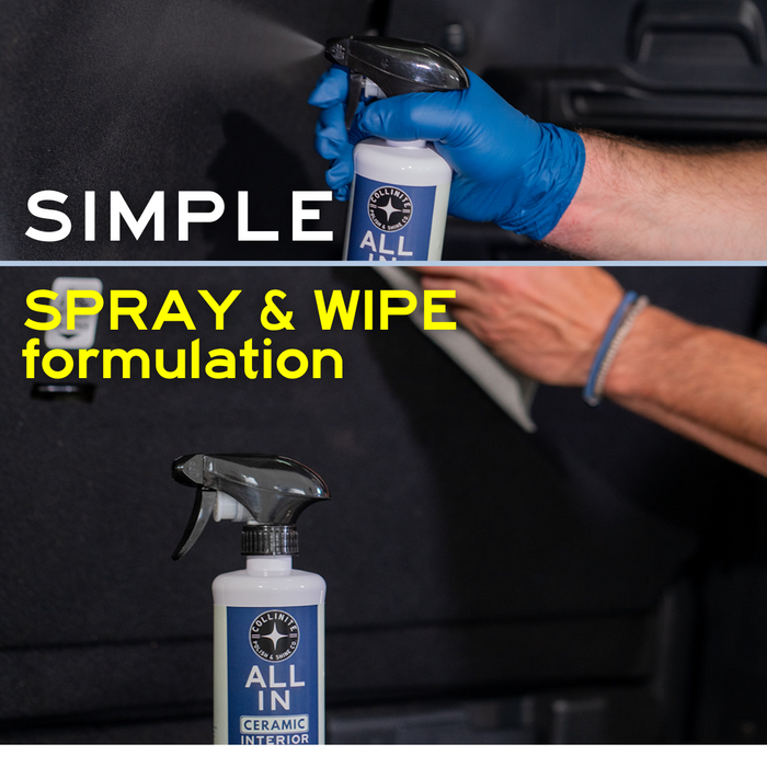 Person using a spray and wipe formulation on car interior with 'ALL IN' product visible.