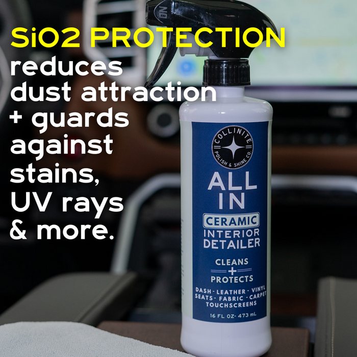 Collinite All In Ceramic Interior Detailer bottle with text about SiO2 protection in a car interior.