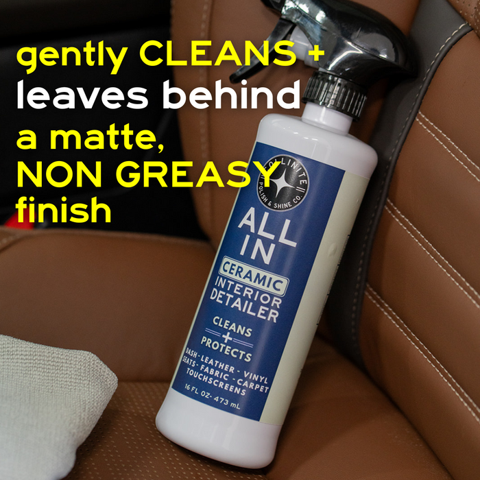 Bottle of ceramic interior detailer on a car seat with text about its cleaning properties.