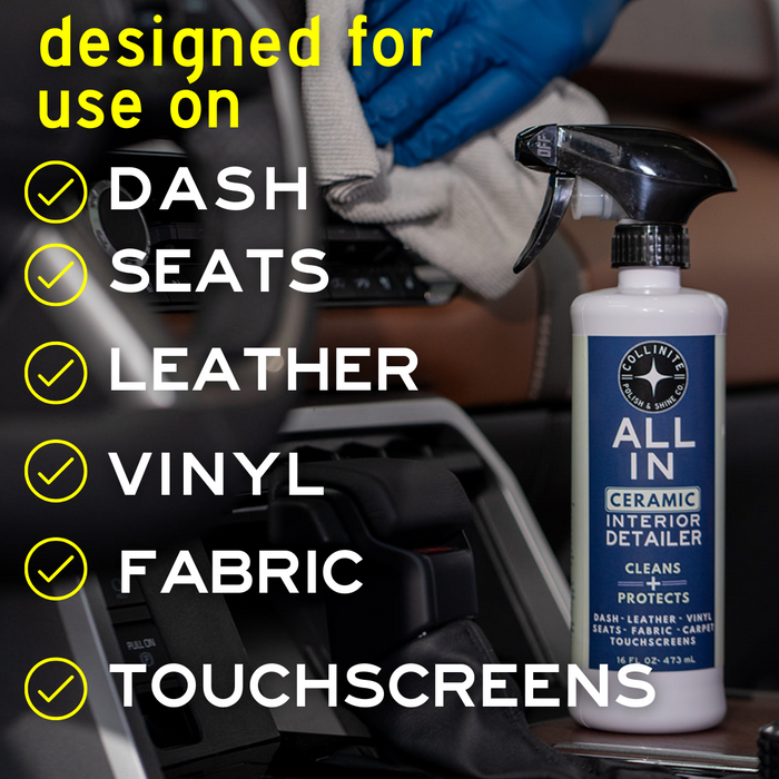 Car interior cleaning product with text highlighting its uses on various car parts.
