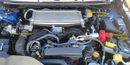 Engine compartment with labeled components including Flex Fuel Sensor, CAN Gateway Module, and Ethanol Content Analyzer.