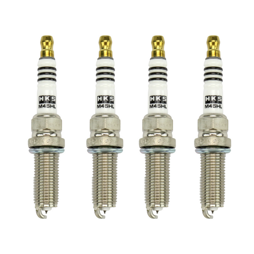 A set of four HKS Nissan/Infinity VQ35HR M-Series Super Fire Racing Iridium Spark Plugs, displayed against a white background.