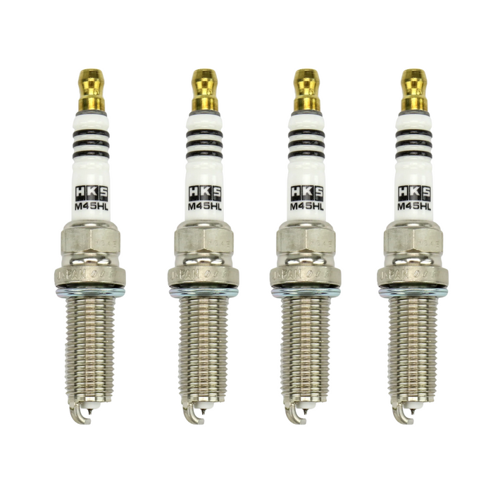 A set of four HKS Nissan/Infinity VQ35HR M-Series Super Fire Racing Iridium Spark Plugs, displayed against a white background.