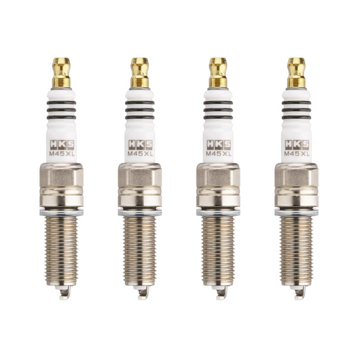 Four HKS spark plugs on a white background
