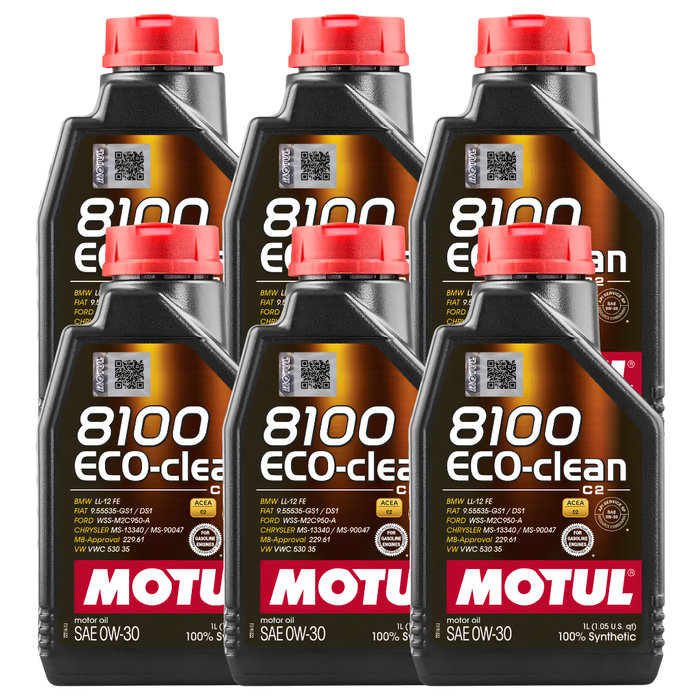 Motul 8100 ECO-CLEAN 0W-30 100% Synthetic Fuel Economy Engine Oil 1L Pack of 6