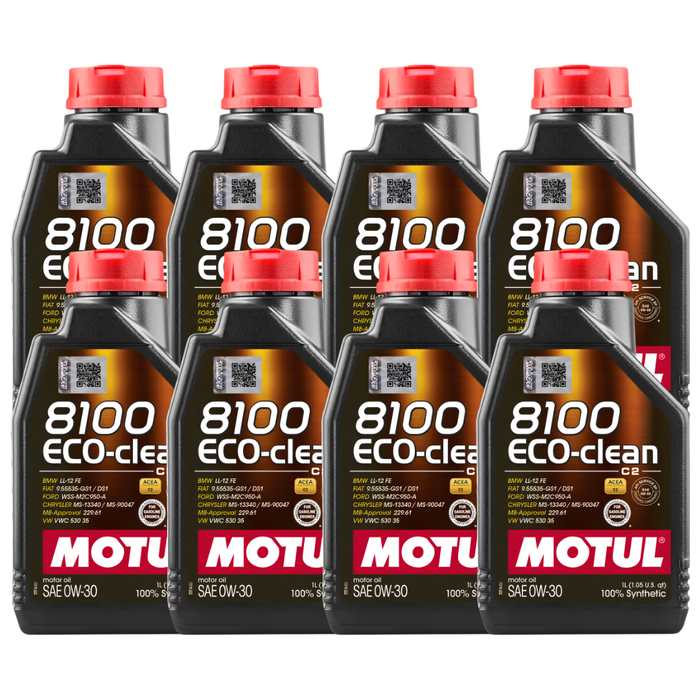 Motul 8100 ECO-CLEAN 0W-30 100% Synthetic Fuel Economy Engine Oil 1L Pack of 8