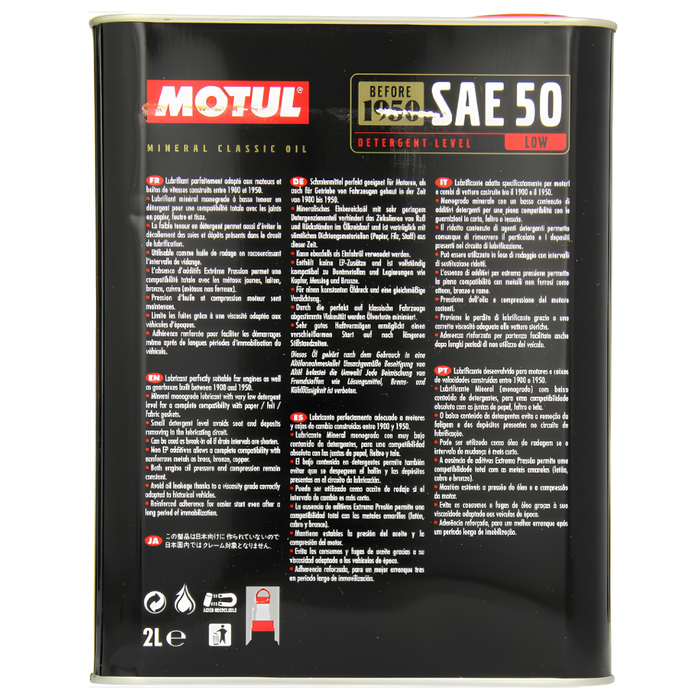 Motul Classic SAE 50 Mineral Monograde Vintage Engine Oil 2 Liter Pack of 6