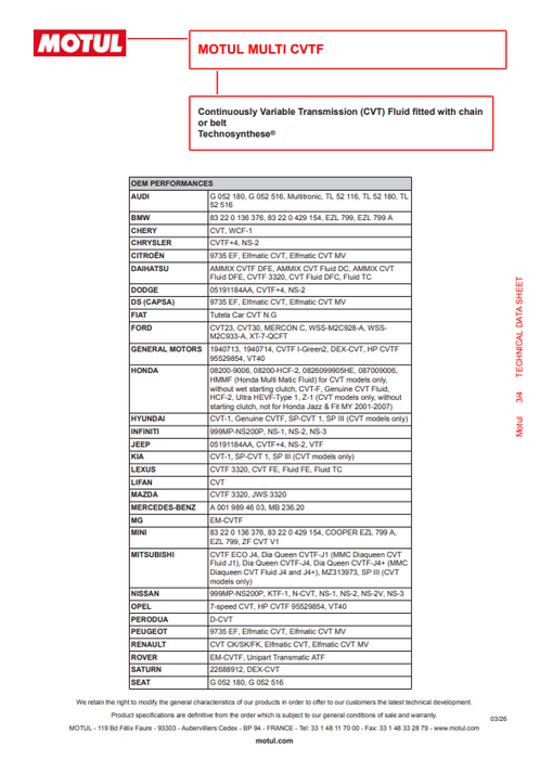 Motul Multi CVTF Technosynthese Continuously Variable Transmission Fluid 1L Pack of 2