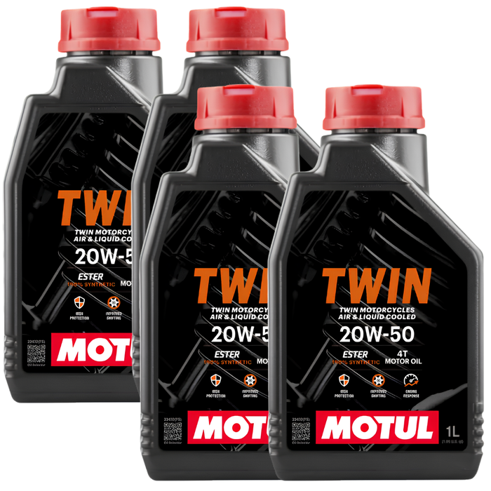 Motul Twin Motor Oil 20W-50 100% Synthetic Ester V-Twin Motorcycle Oil 1 Qt Pack of 4