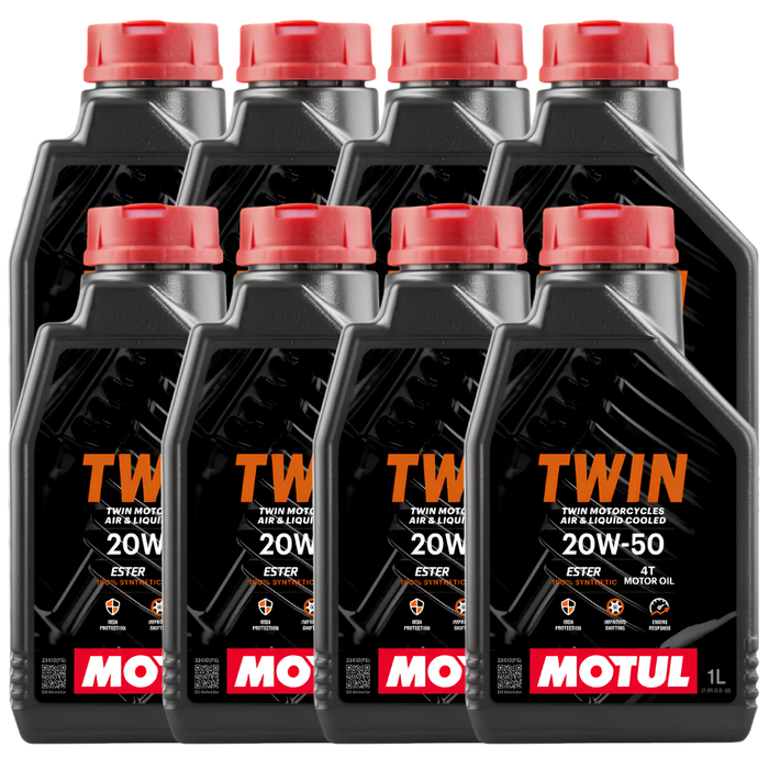 Motul Twin Motor Oil 20W-50 100% Synthetic Ester V-Twin Motorcycle Oil 1 Qt Pack of 8
