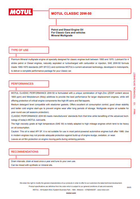 Motul Classic Performance 20W-50 High-Zinc Mineral Engine Oil 2L Pack of 7