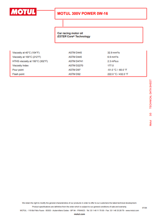 Motul 300V Power 0W-16 100% Synthetic Ester Core Racing Engine Oil 2L Pack of 4