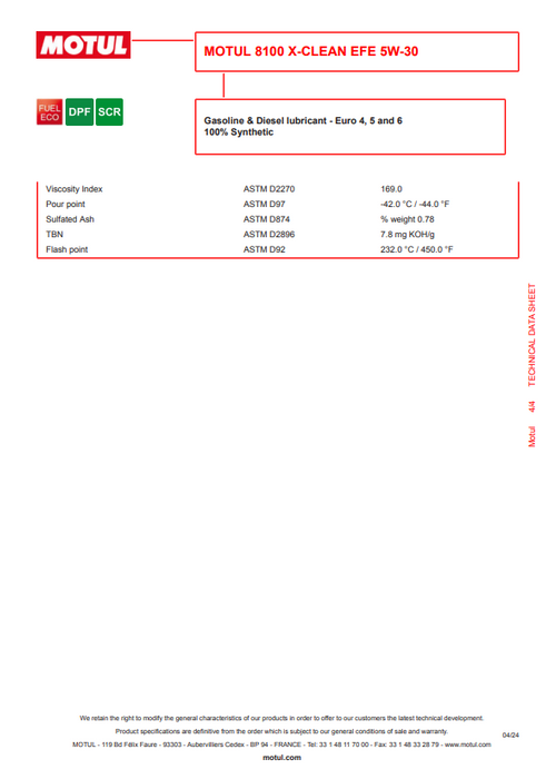 Motul 8100 X-CLEAN EFE 5W-30 Full Synthetic Mid-SAPS Engine Oil 1 Liter