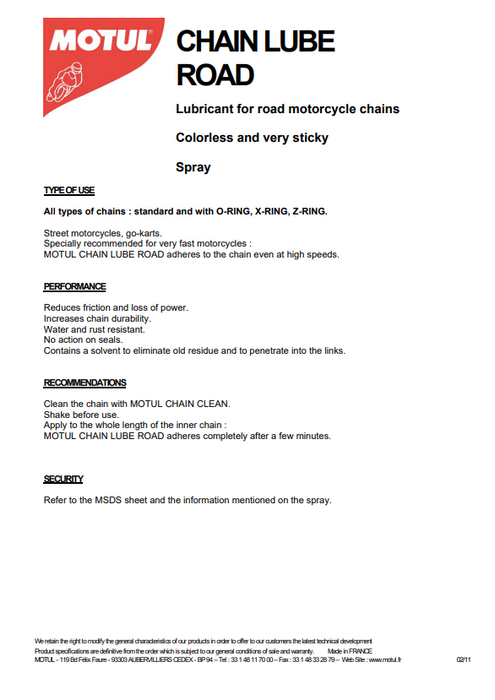 Motul MC Care C2 Chain Lube Road Motorcycle Chain Lubricant 400ml Pack of 4