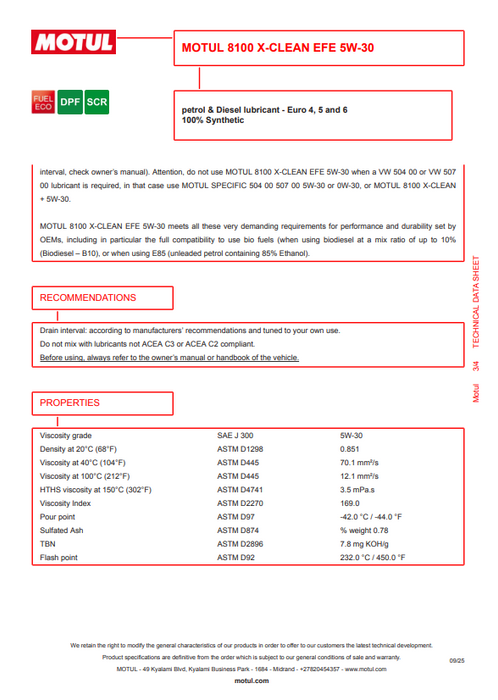 Motul 8100 X-Clean EFE 5W-30 Full Synthetic Mid-SAPS Engine Oil 1000L