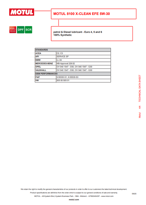 Motul 8100 X-Clean EFE 5W-30 Full Synthetic Mid-SAPS Engine Oil 1000L
