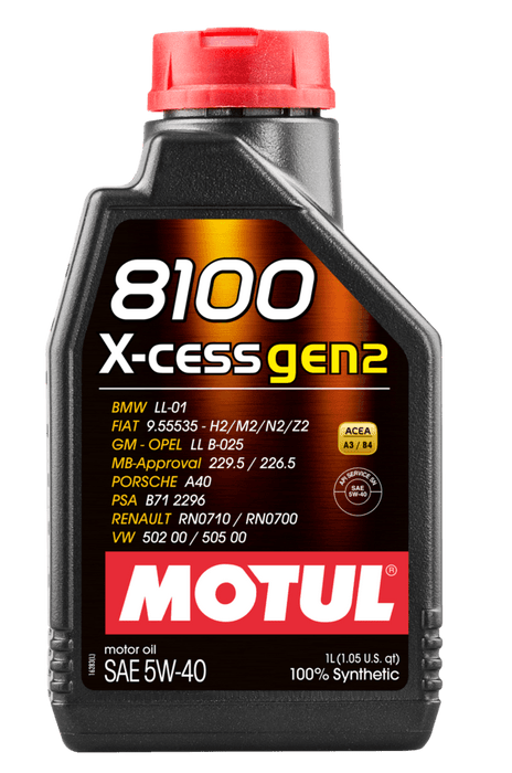Motul 8100 X-cess Gen2 motor oil bottle on a gray background
