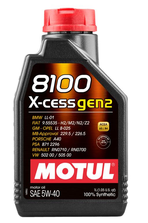 Motul 8100 X-cess Gen2 motor oil bottle on a gray background