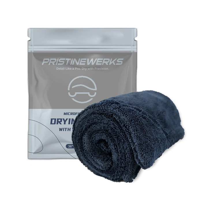 Pristinewerks microfiber detailing drying towel with packaging on a white background