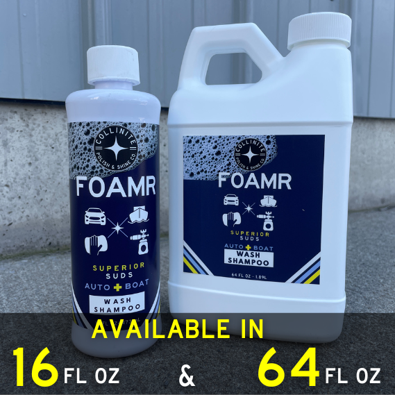 Two bottles of FOAMR wash shampoo, one 16 fl oz and one 64 fl oz, against a neutral background.