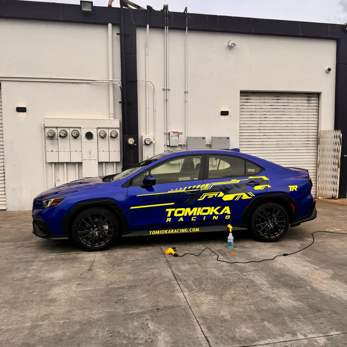 Tomioka Racing Car Decal Set (4 pcs) includes 2 x design 90"x15", and 2 x Tomioka Racing Logo 30"x8" Fits Subaru WRX 2023