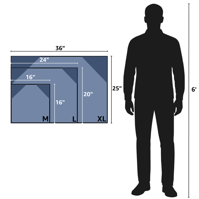 Measurement chart for a rectangular towel with dimensions labeled, shown next to a silhouette of a person for scale.