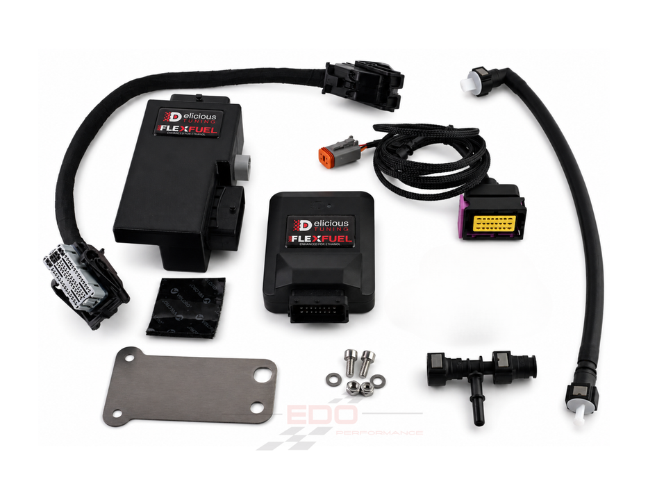 Delicious Tuning FlexFuel system components on a white background