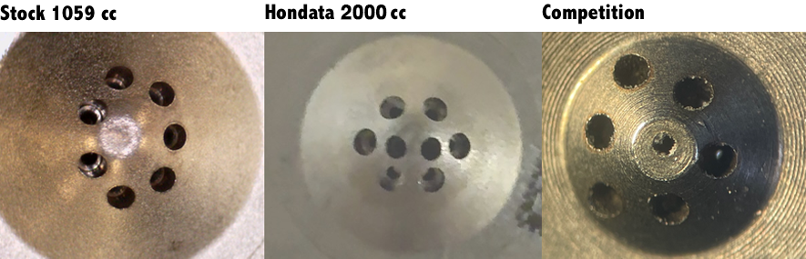 Comparison of three different engine components labeled 'Stock 1059 cc', 'Honda 2000 cc', and 'Competition'.