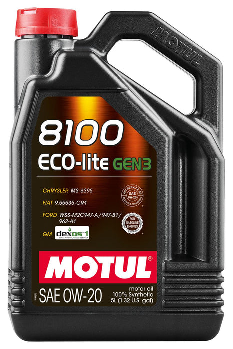 Motul 8100 Eco-Lite GEN3 motor oil container on a white background