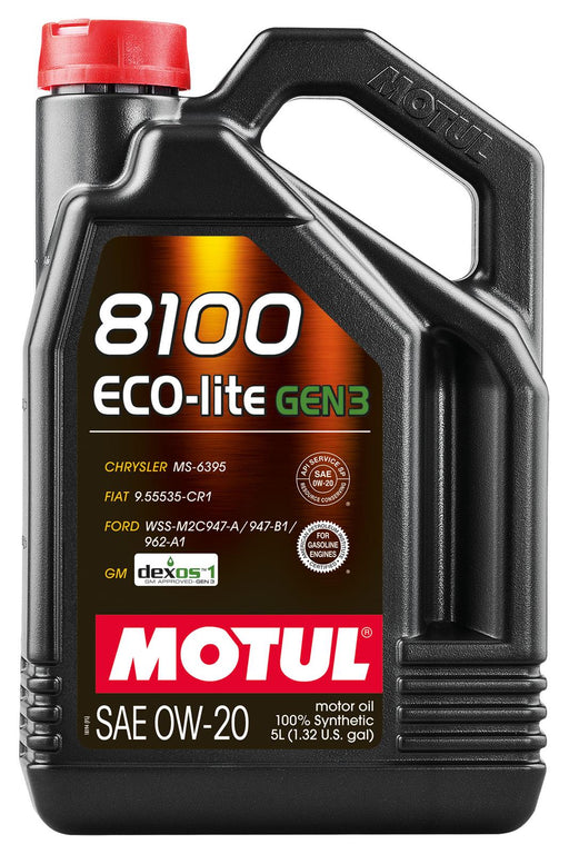 Motul 8100 Eco-Lite GEN3 motor oil container on a white background