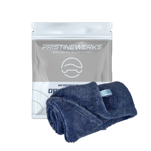 Blue microfiber towel with Pristinewerks packaging on a white background. Detail like a pro. Dry with Precision Microfiber Detailing Drying Cloth