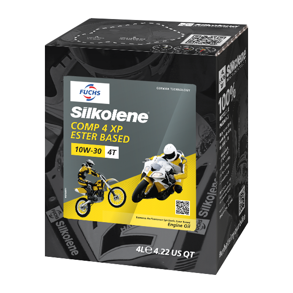 Silkolene COMP 4 10W-30 XP Synthetic Ester 4T Motorcycle Oil, 4 Liter Lube Cube, angled view