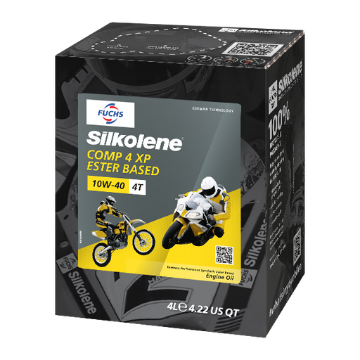 Silkolene COMP 4 10W-40 XP Synthetic Ester 4T Motorcycle Oil, 4 Liter Lube Cube, angled view