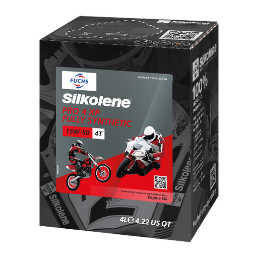 Silkolene PRO 4 15W-50 XP Fully Synthetic 4T Motorcycle Oil, 4 Liter Lube Cube, angled view