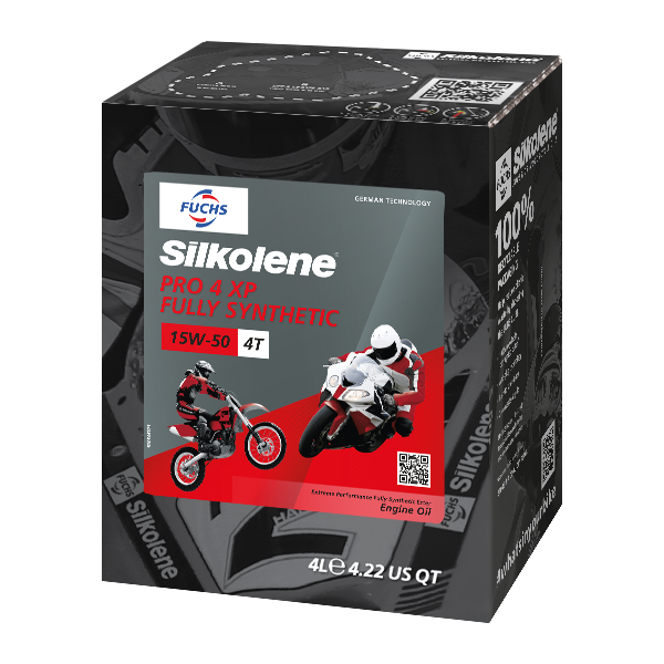 Silkolene PRO 4 15W-50 XP Fully Synthetic 4T Motorcycle Oil, 4 Liter Lube Cube, angled view