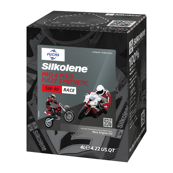 Silkolene PRO 4 PLUS 5W-40 Fully Synthetic Racing Oil, 4 Liter Lube Cube, angled view