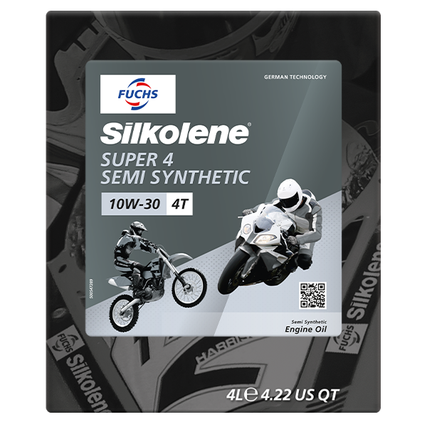 Silkolene SUPER 4 10W-30 Semi-Synthetic 4T Motorcycle Oil, 4 Liter Lube Cube, front view