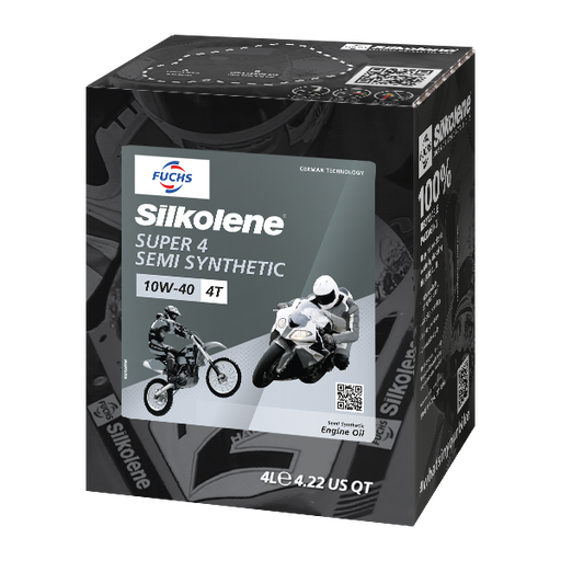 Silkolene SUPER 4 10W-40 Semi-Synthetic 4T Motorcycle Oil, 4 Liter Lube Cube, angled view