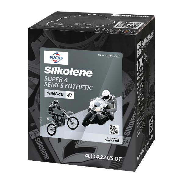 Silkolene SUPER 4 10W-40 Semi-Synthetic 4T Motorcycle Oil, 4 Liter Lube Cube, angled view